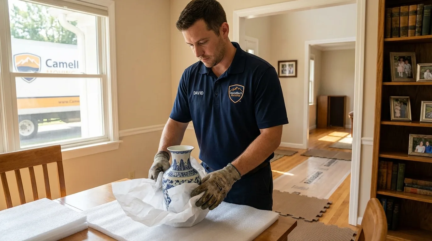 Professional crew carefully wrapping antique vase for senior downsizing move in Garrett Park, MD